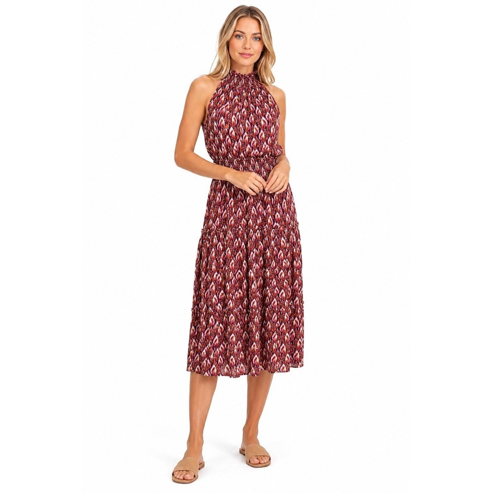 Taylor Sz 6 Ikat Boho Halter Midi Dress‎ Tiered Flowy Pleated Summer Chic Resort
